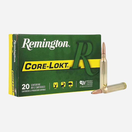 Remington Core-Lokt ammunition box with two bullets on a white background