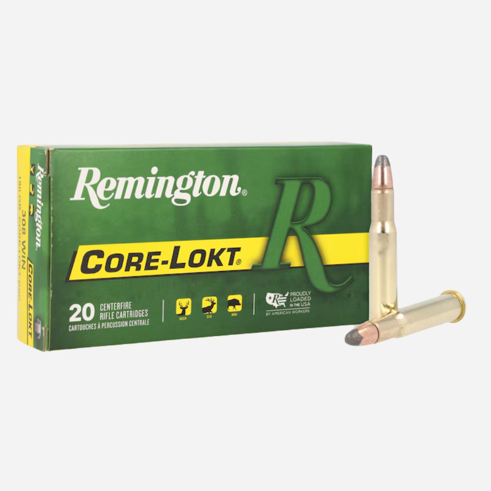 Remington Core-Lokt ammunition box with bullets on a white background
