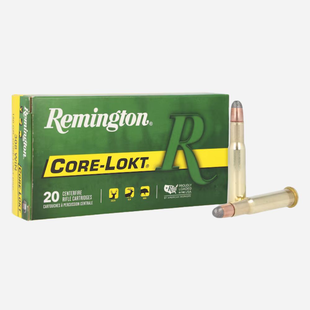 Remington Core-Lokt ammunition box with two bullets on a white background