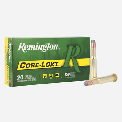 Remington Core-Lokt ammunition box with two bullets on a white background