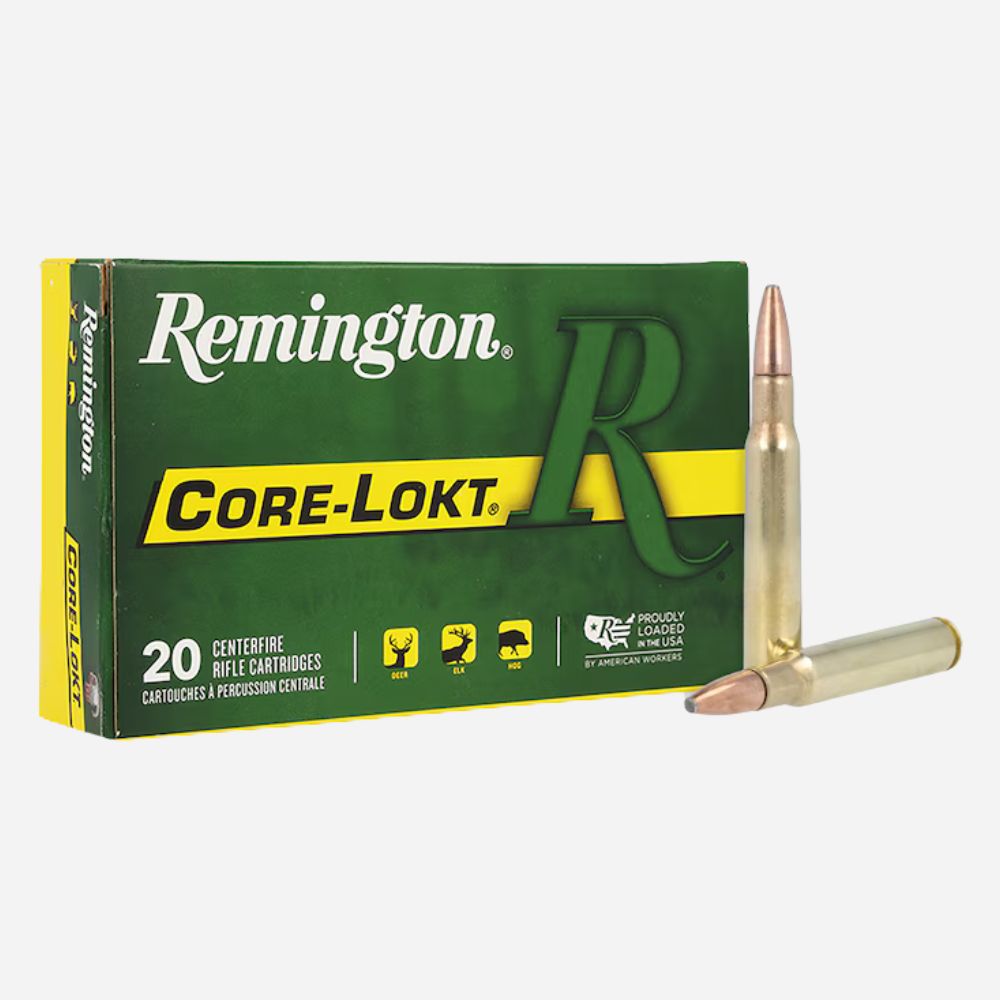 Remington Core-Lokt ammunition box with bullets on a white background