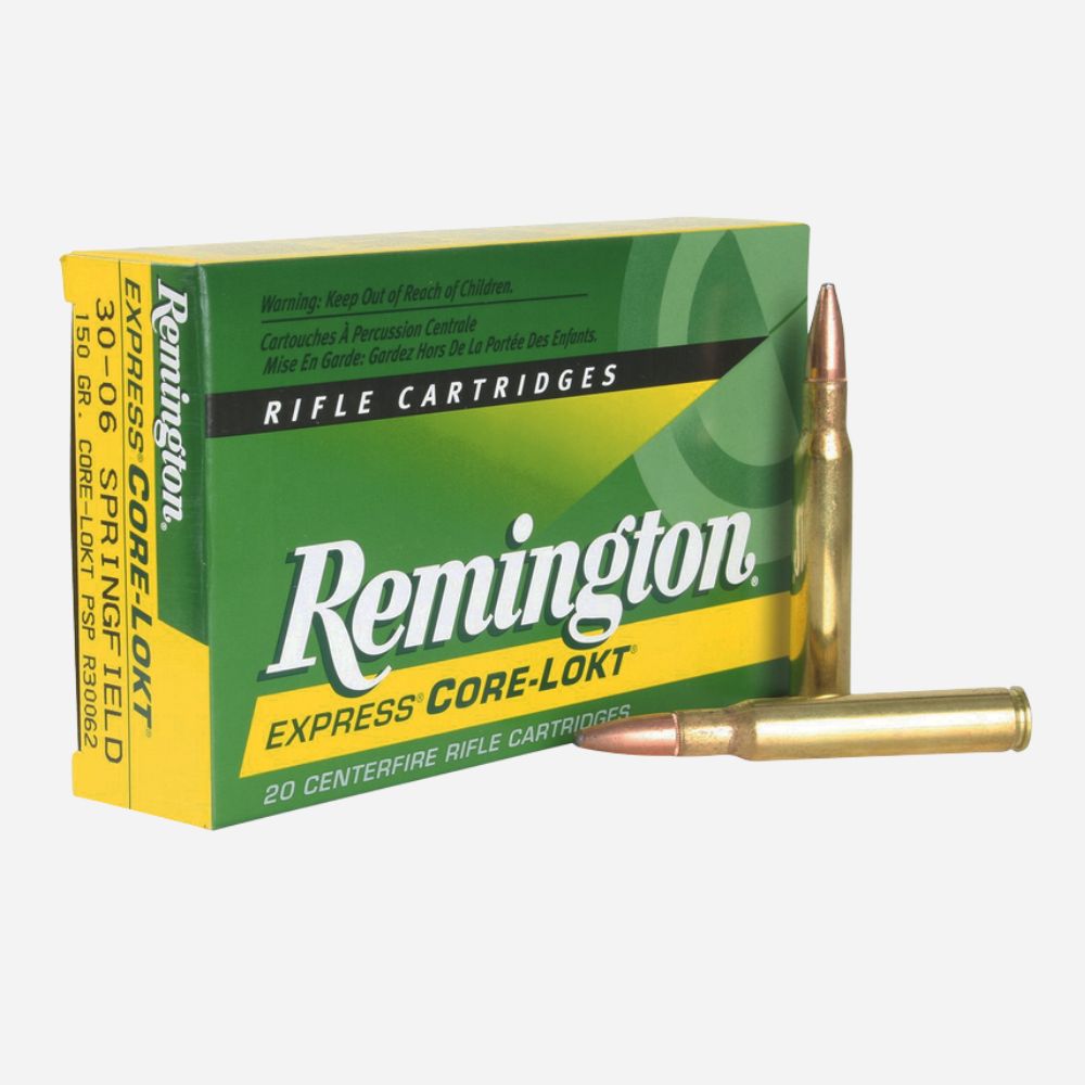 Remington rifle cartridges with a green box on a white background