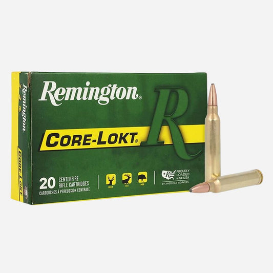 Remington Core-Lokt ammunition box with bullets on a white background