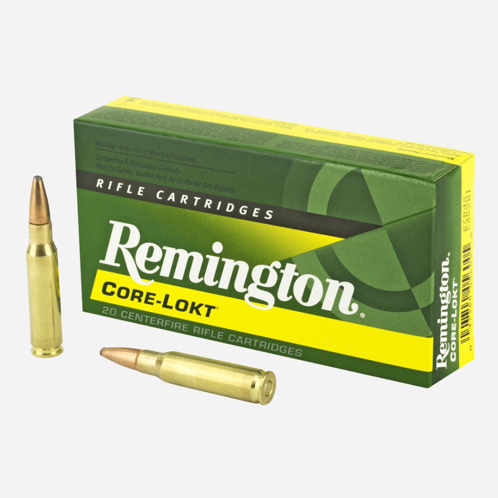 Remington Core-Lokt rifle cartridges with a box on a white background