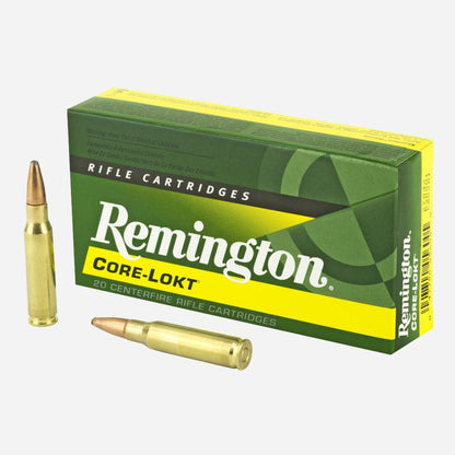 Remington Core-Lokt rifle cartridges with a box on a white background