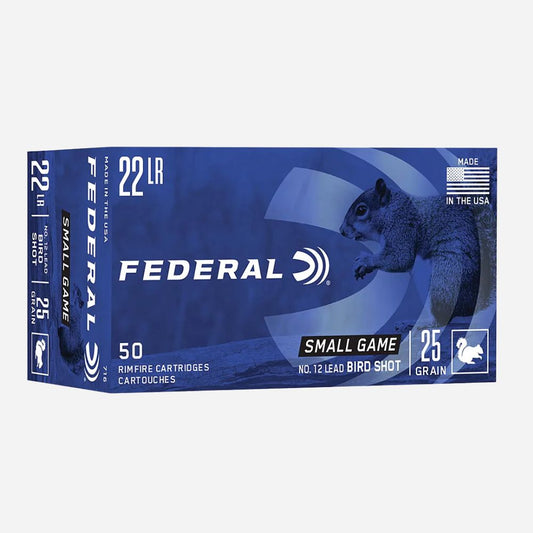 A box of Federal 22 LR Small Game ammunition, 50 rimfire cartridges, 12 lead bird shot, 25 grain, shown on a light gray background.