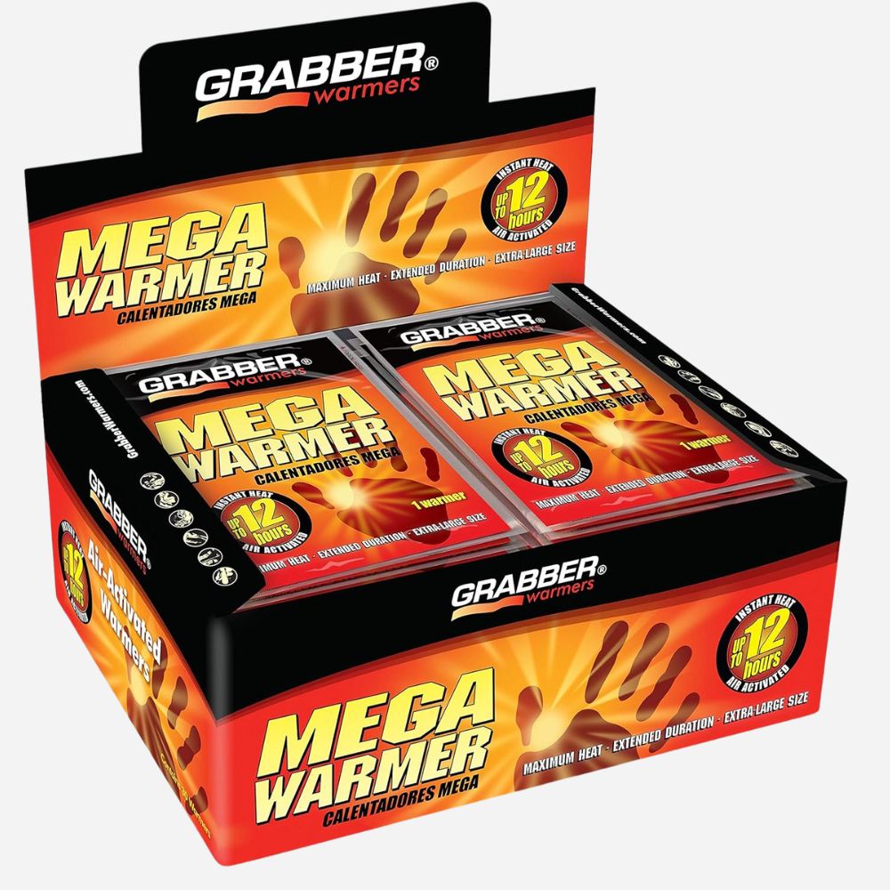 Box of Grabber Mega Warmers with multiple packages displayed.