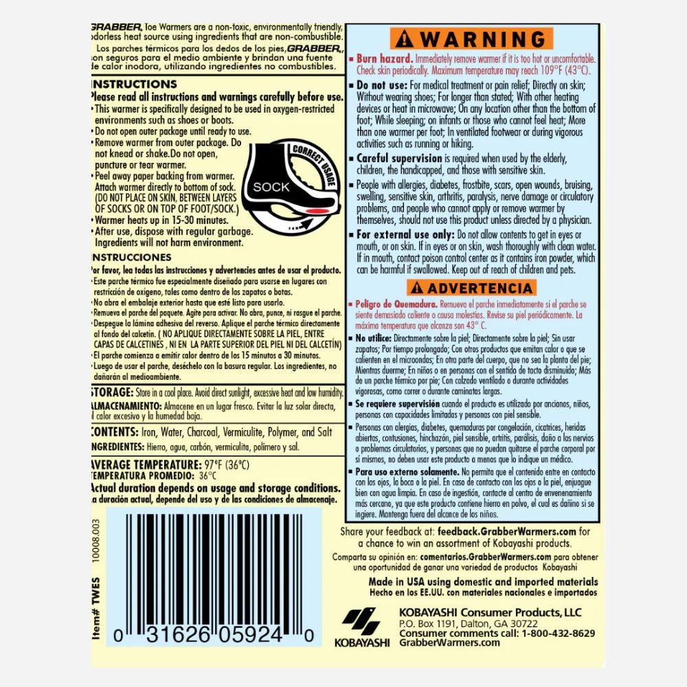 Back label of a Grubber warmer with warning and usage instructions.