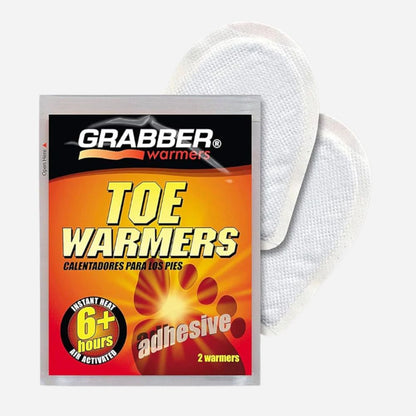 Grabber toe warmers packaging with a white toe cover on a white background