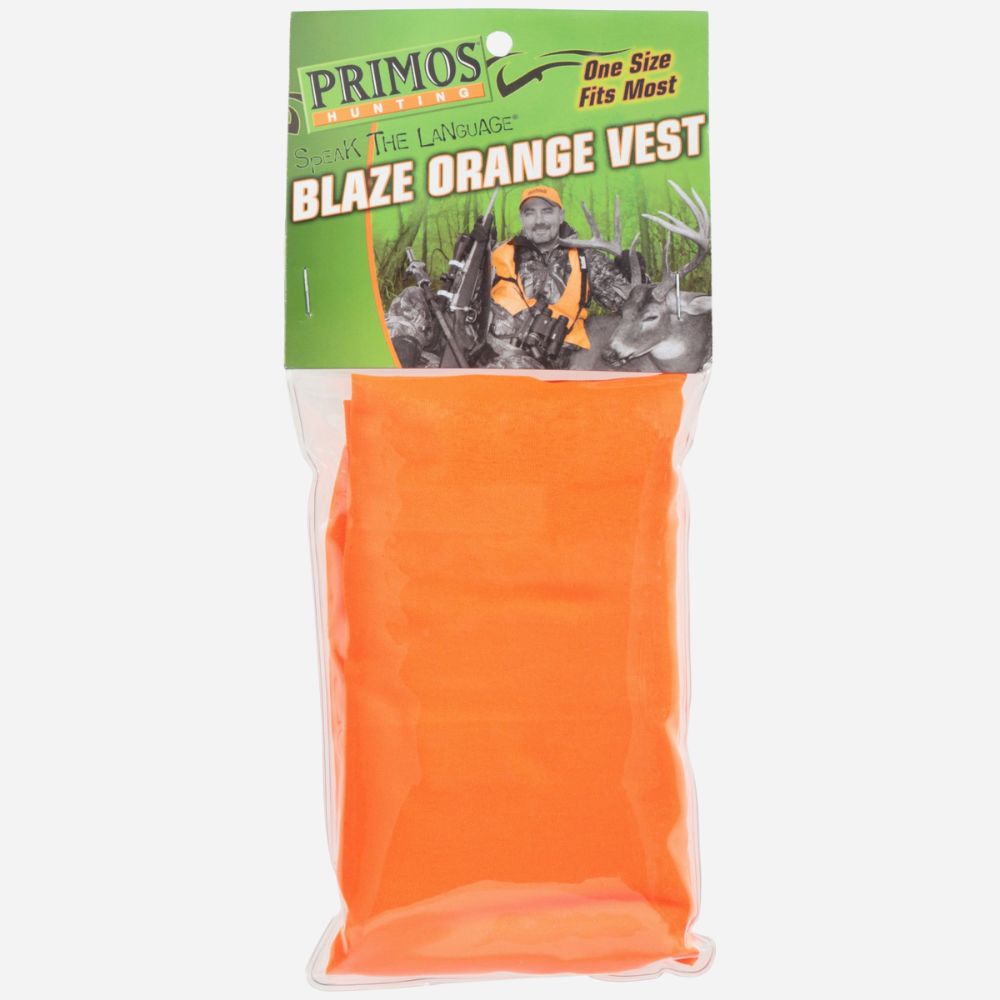 Primos Blaze Orange Vest packaging with a green label on a white background