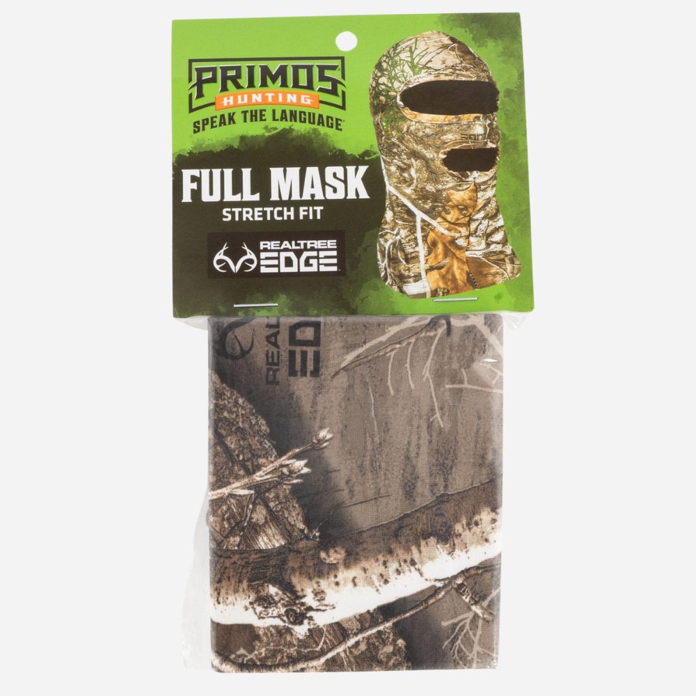 Primos Hunting Full Mask with RealTree Edge camouflage pattern on packaging
