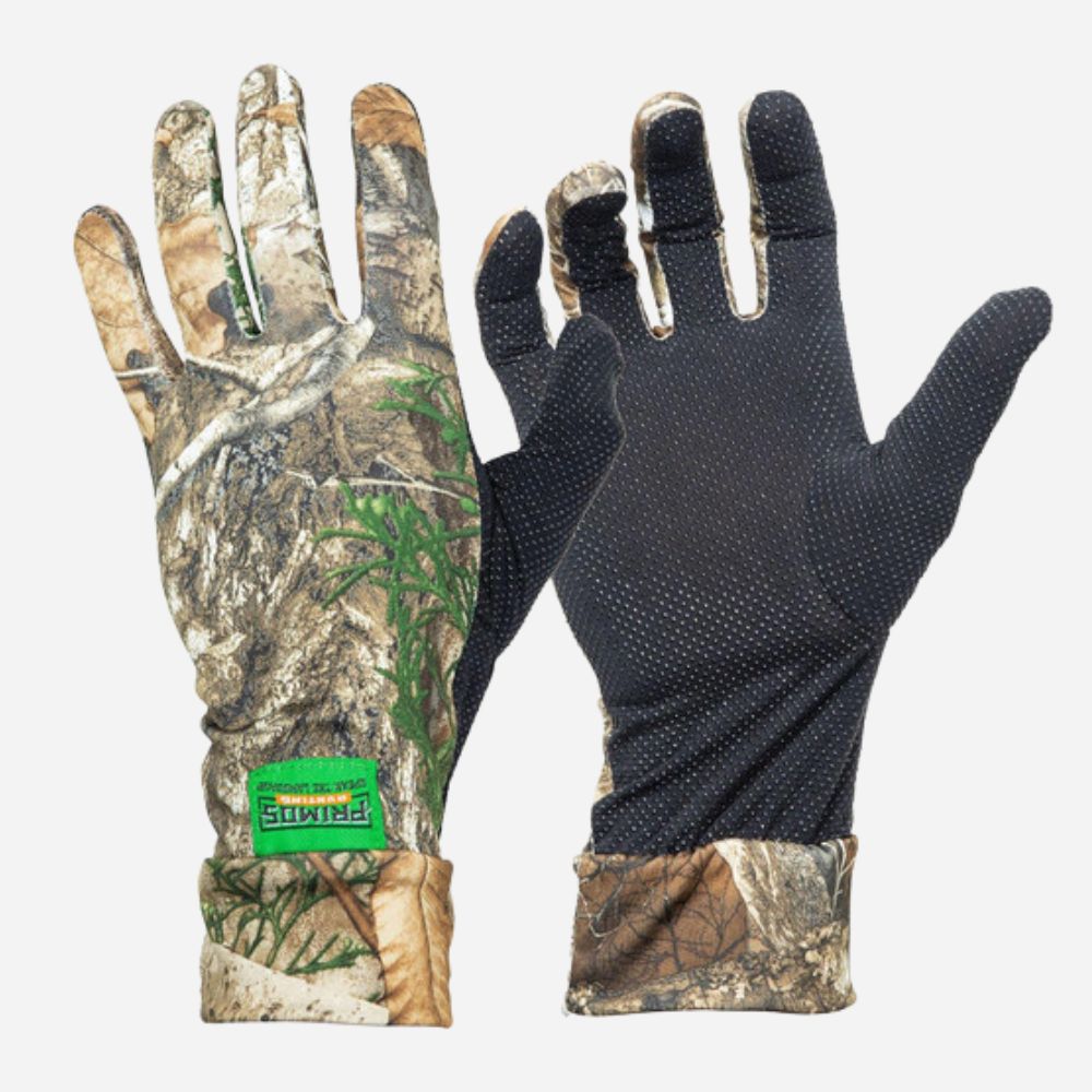 Pair of camouflage hunting gloves on a white background