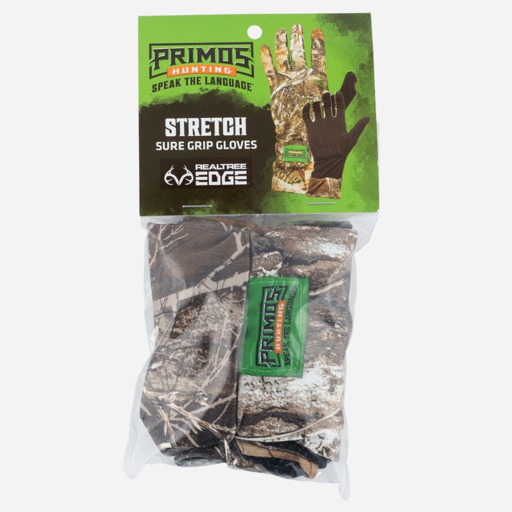 Primos Stretch Sure Grip Gloves packaging with camouflage pattern on a white background