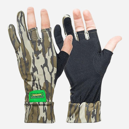 Camouflage hunting glove and black fingerless glove on a white background