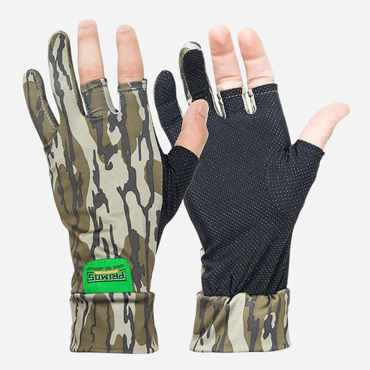 Camouflage hunting glove and black fingerless glove on a white background