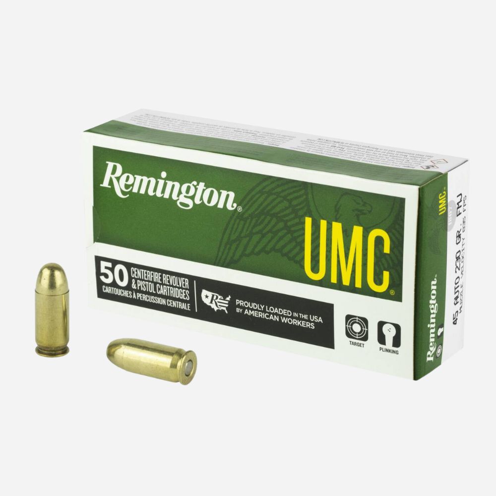 Remington UMC ammunition box with two bullets on a white background