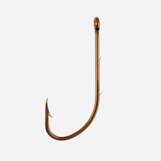A single metallic copper-colored fishing hook with a curved body, sharp point, and a small vertical barb near the top shank, shown against a plain light gray background.