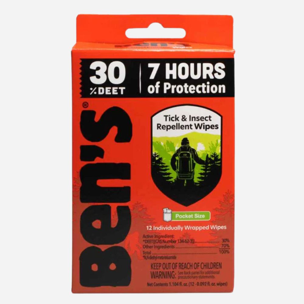 Ben's Tick and Insect Repellent Wipes packaging with orange and black design.