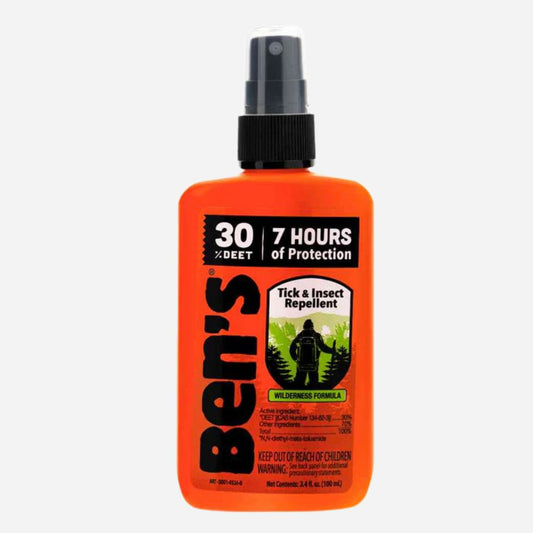 Orange Ben's tick and insect repellent spray bottle on a white background