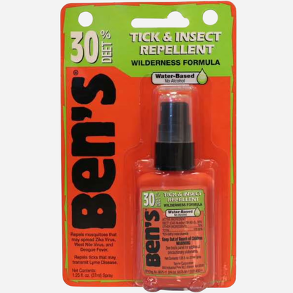 Ben's Tick & Insect Repellent bottle on a green and orange packaging