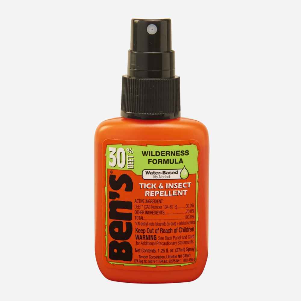 Orange spray bottle of Ben's Tick & Insect Repellent on a white background
