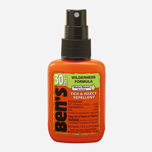 Orange spray bottle of Ben's Tick & Insect Repellent on a white background