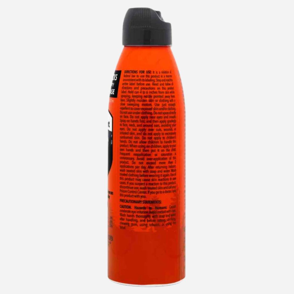 Orange spray bottle with black cap on a white background