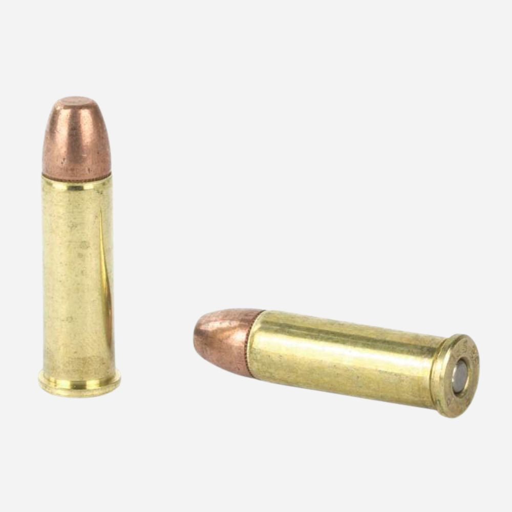 Two brass rifle cartridges on a white background