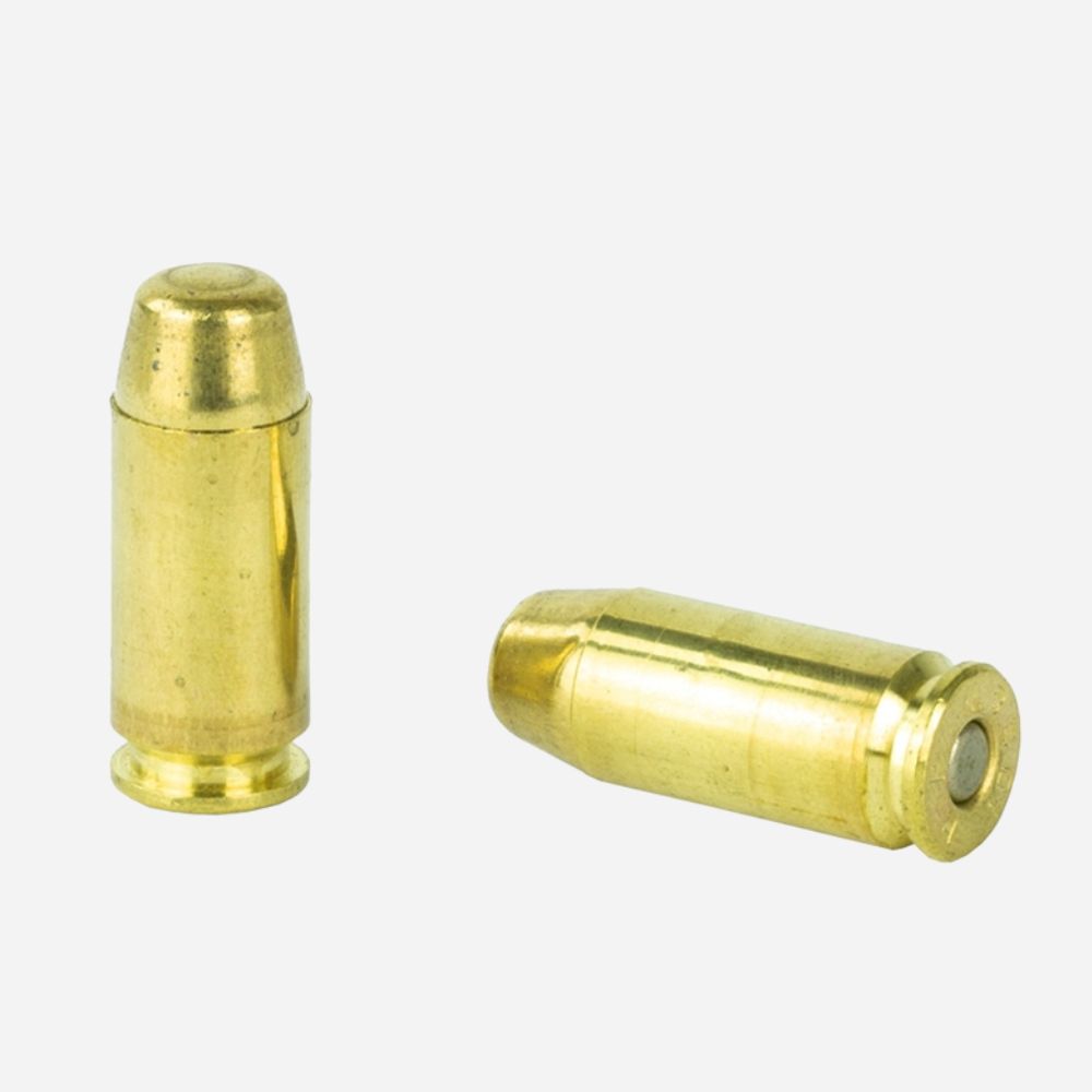 Two brass bullet casings on a white background