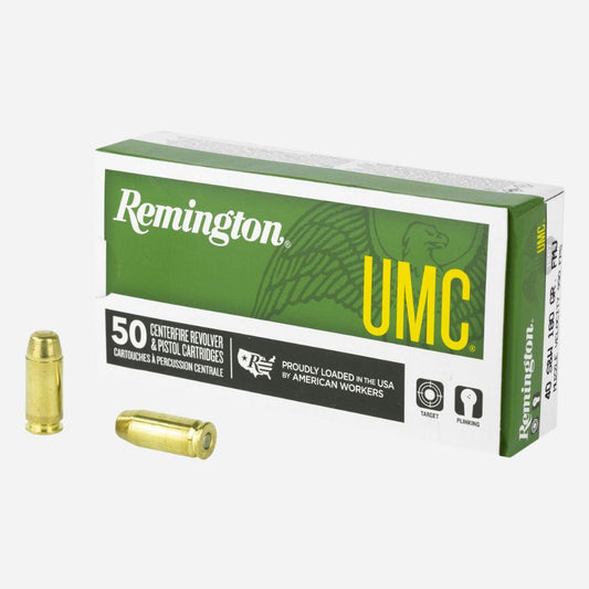 Remington UMC ammunition box with two bullets on a white background