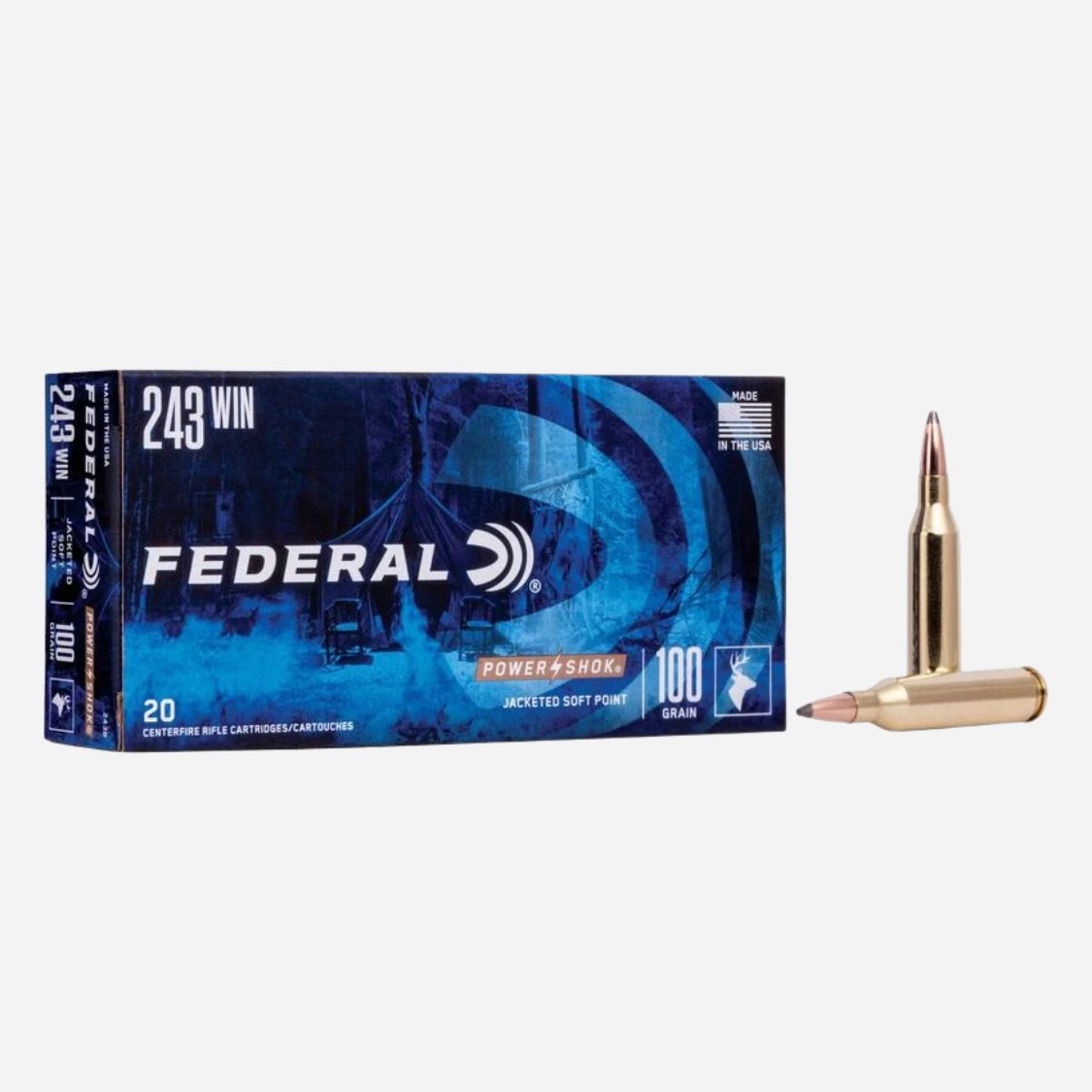 Federal 243 Win ammunition box and bullet on a white background