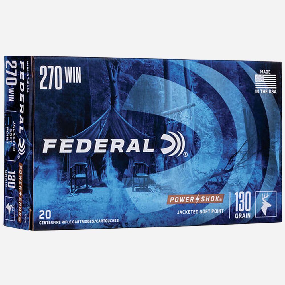 Federal ammunition box with hunting scene and product details on a blue background