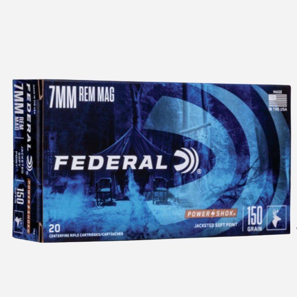 Federal ammunition box for 7mm Rem Mag on a white background