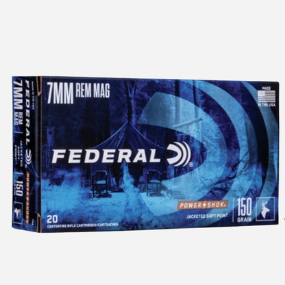 Federal ammunition box for 7mm Rem Mag on a white background