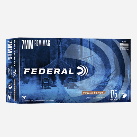 Federal 7mm Rem Mag ammunition box with a blue and white design.