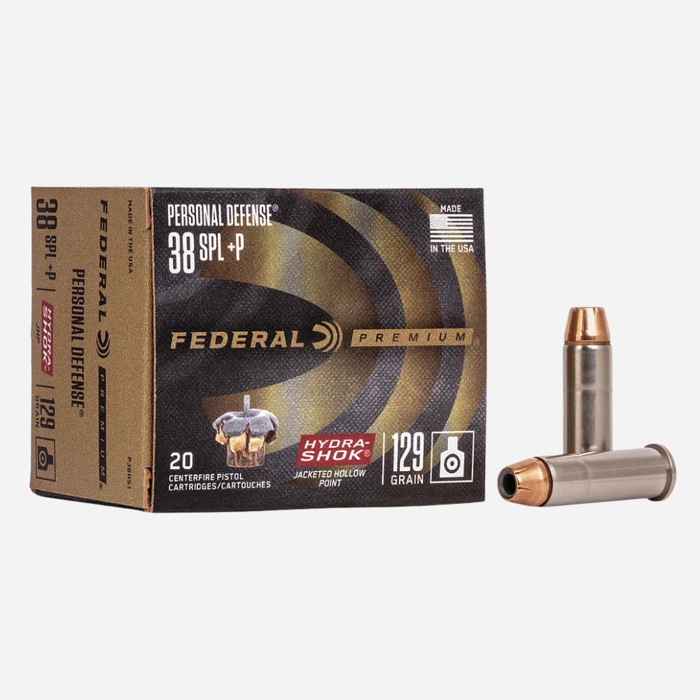 Federal Personal Defense 38 SPL+P ammunition box with two bullets on a white background