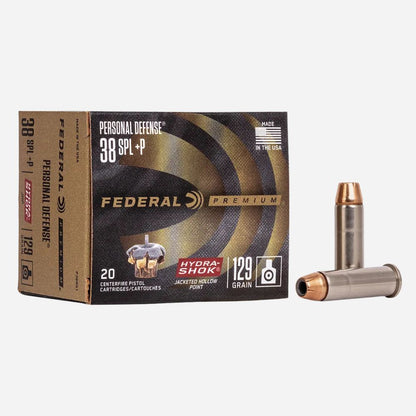 Federal Personal Defense 38 SPL+P ammunition box with two bullets on a white background