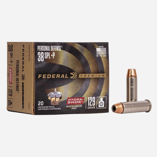 Federal Personal Defense 38 SPL+P ammunition box with two bullets on a white background