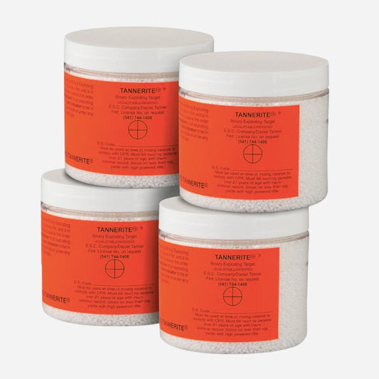 Four white plastic jars of TANNERITE Shown Ending Target powder arranged in a 2x2 stack on a light gray background.