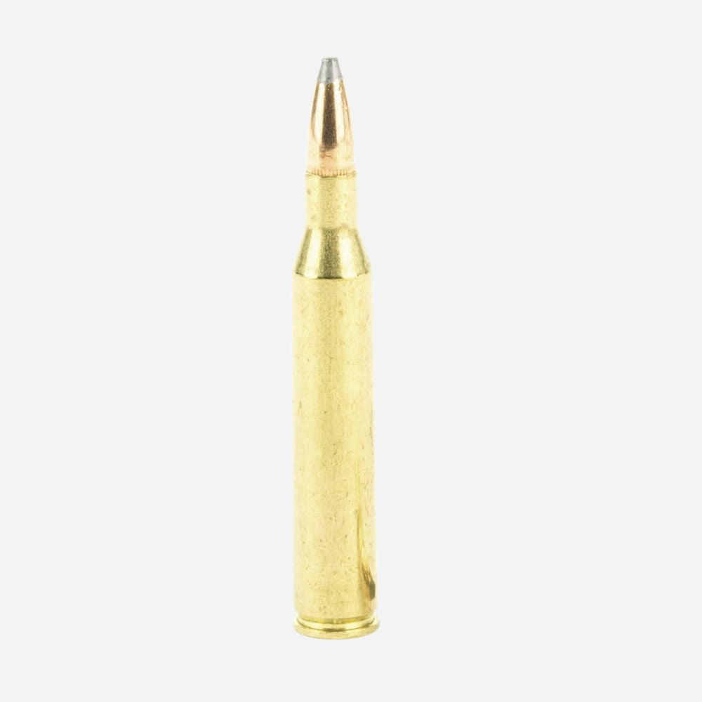 Gold-colored rifle cartridge on a white background