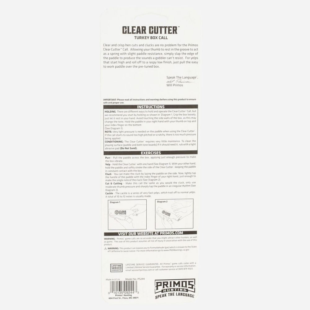 Back of a Primos Clear Cutter turkey box call packaging with text and branding.