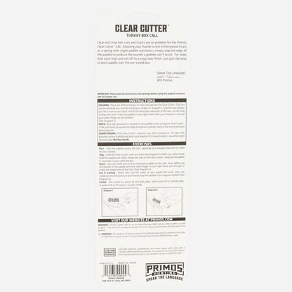 Back of a Primos Clear Cutter turkey box call packaging with text and branding.