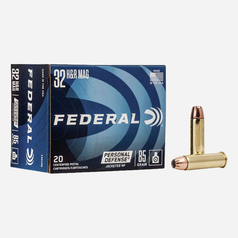 Federal 32 H&R Mag ammunition box with a bullet on a white background