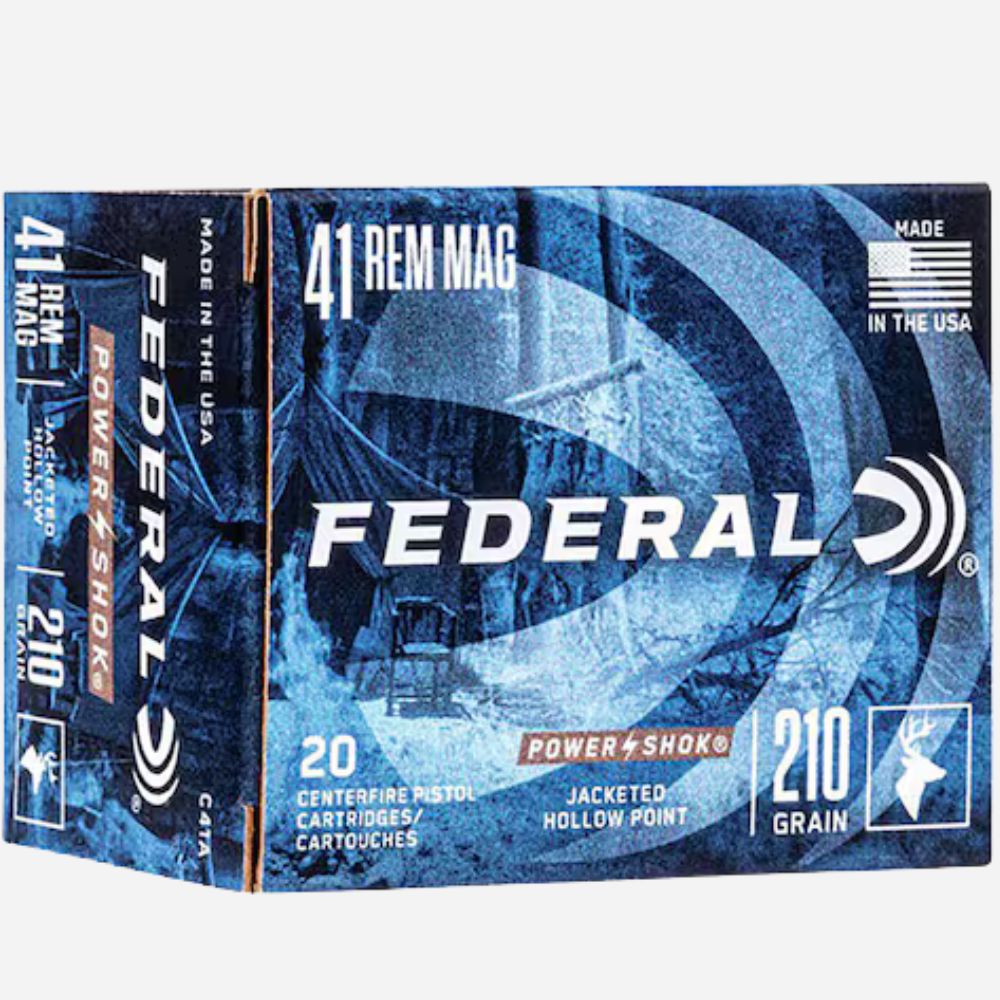 Box of Federal 41 Rem Mag ammunition on a white background