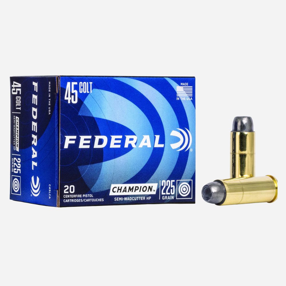 Federal Champion 45 Colt ammunition box with a bullet on a white background