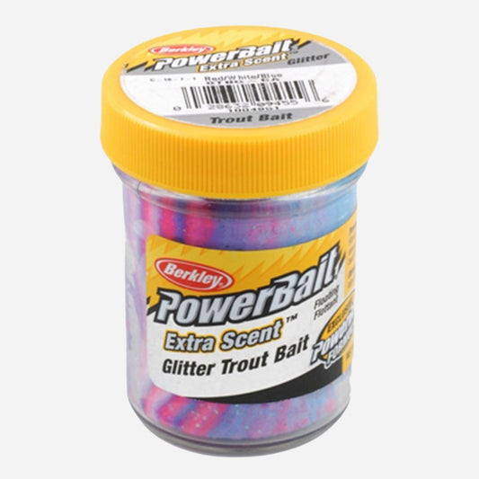 Berkley PowerBait Extra Scent Glitter Trout Bait container on a white background