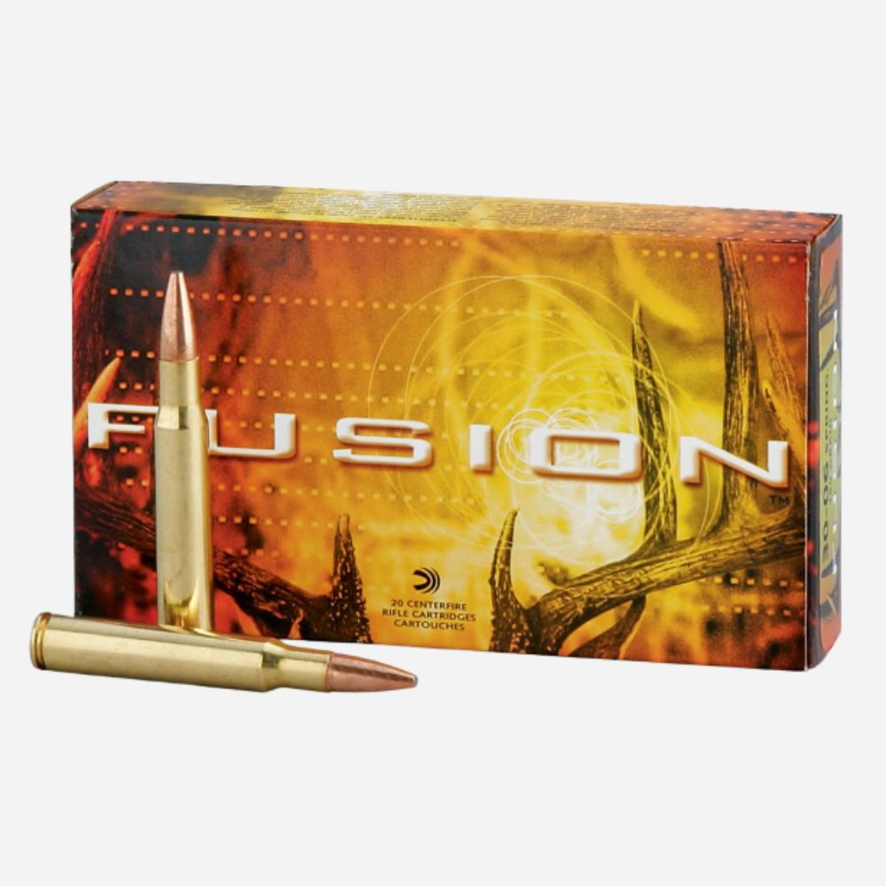 Box of Fusion ammunition with bullets on a white background