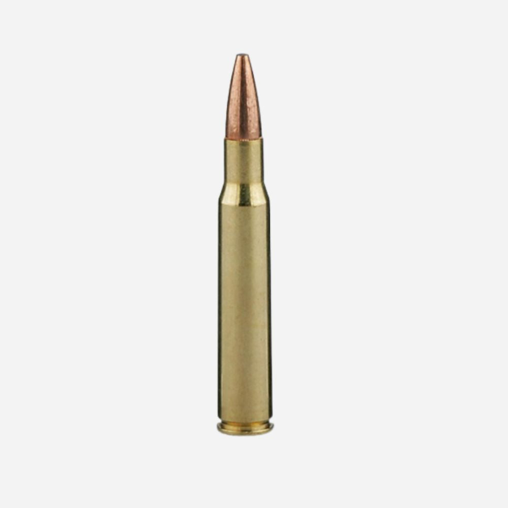 Gold-colored rifle cartridge on a white background