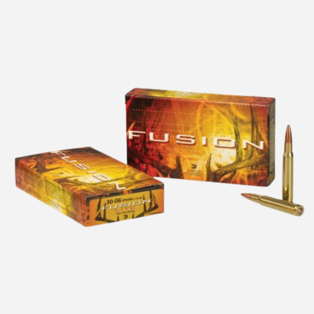Two boxes of ammunition labeled 'Fusion' with a bullet on a white background