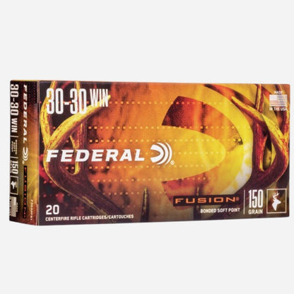 Federal Fusion rifle ammunition box with antler design on a white background